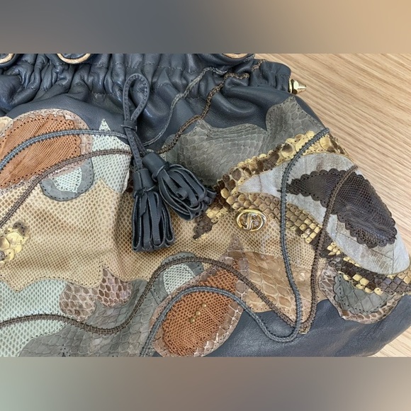 Carlo Fiori of Italy Leather Snakeskin Purse Shoulder Bag Handbag Gray Green Tan - Picture 7 of 16